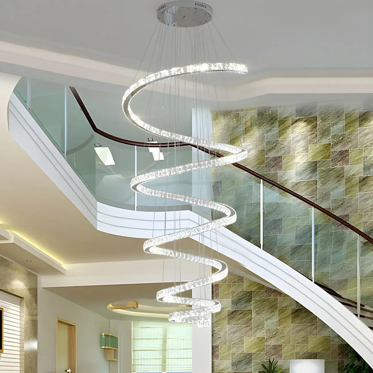 Large Modern Spiral LED Ceiling Crystal Chandelier Tiered Light