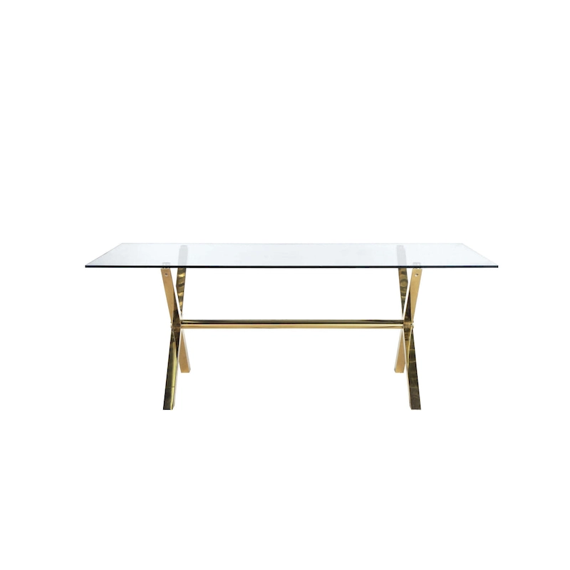 Tia 79 Inch Dining Table, Rectangular Tempered Glass Top, Gold, Clear