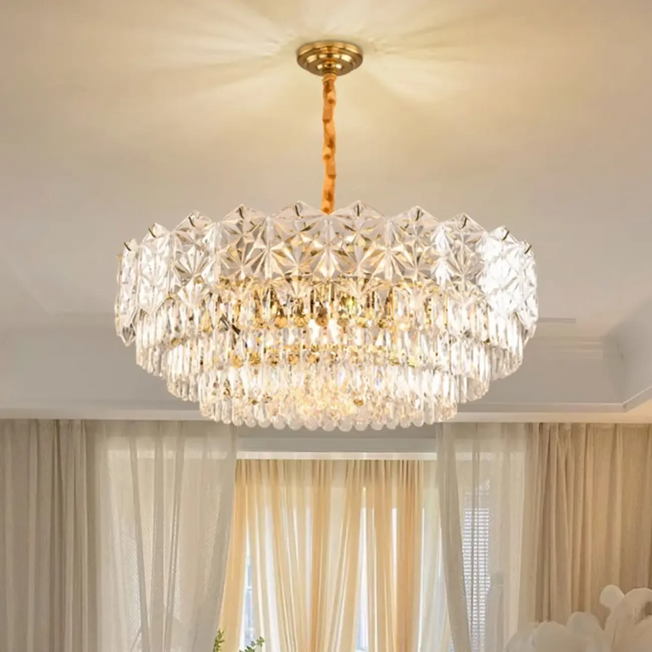 Modern Tier Gold Crystal Drum Chandelier Height Adjustable