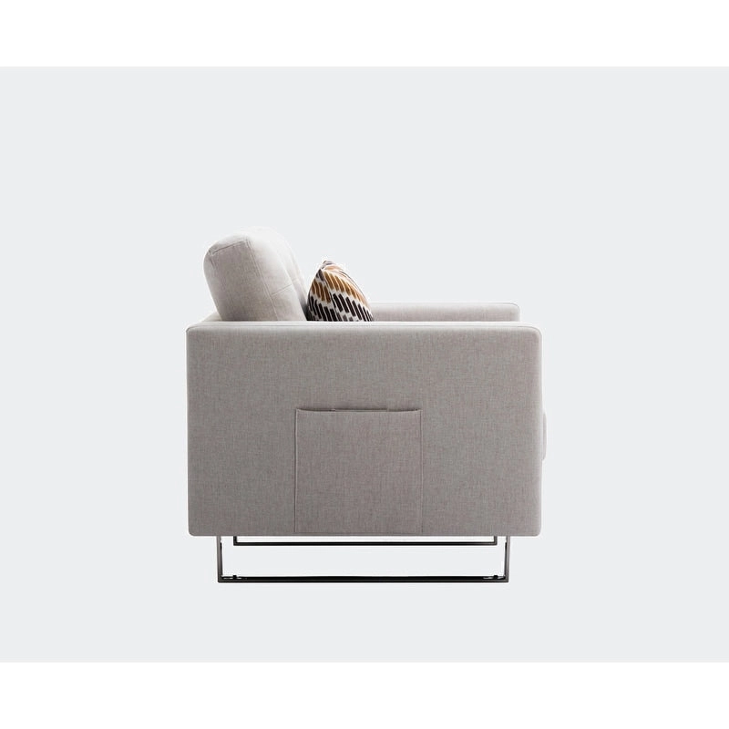 Linen Fabric Armchair with Metal Legs, Side Pockets, and Pillow