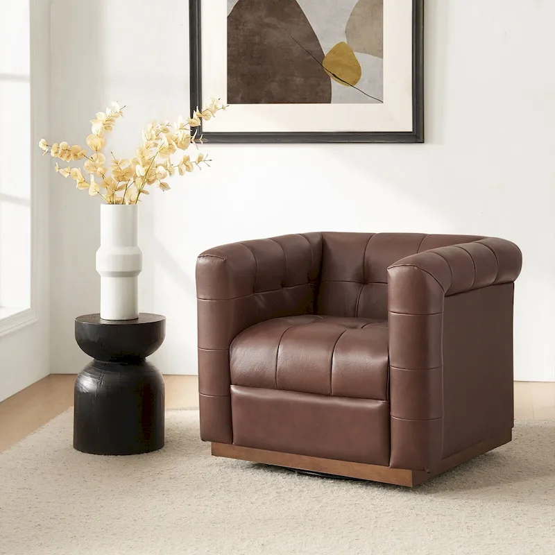 JeremiasMid-certury Modern GenuineLeatherTufted SwivelClubChair with Wooden Apron by HULALA HOME