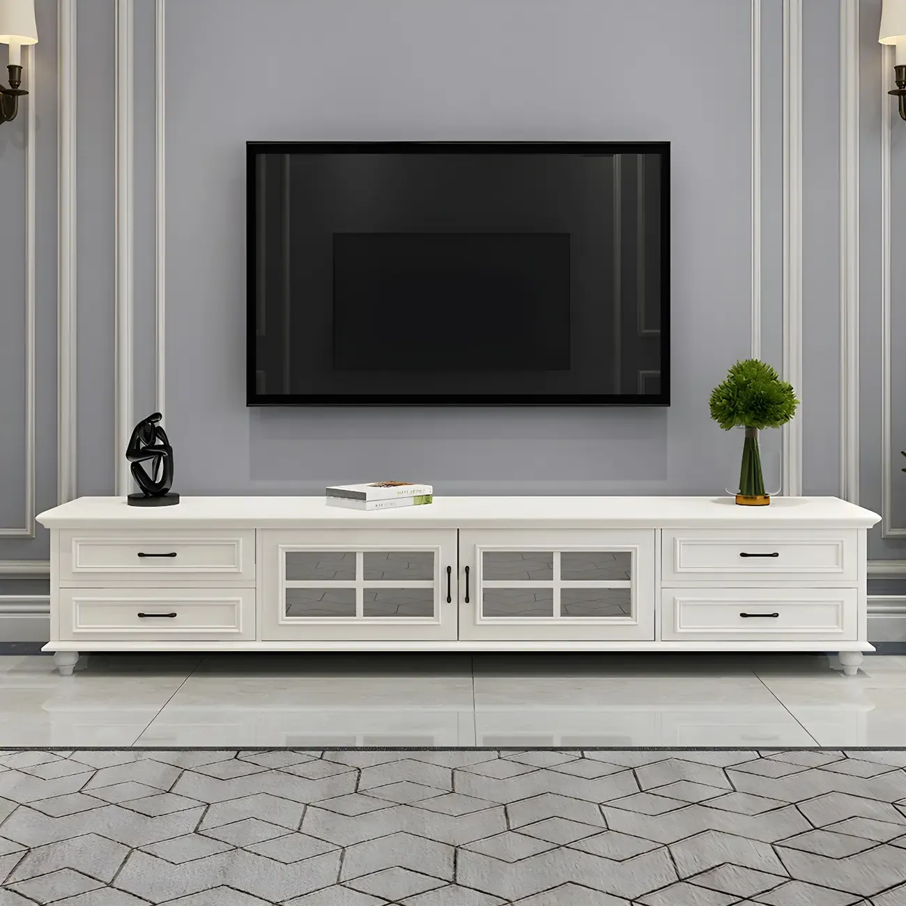 63 Adjustable White Wood TV Stand with Cable Management