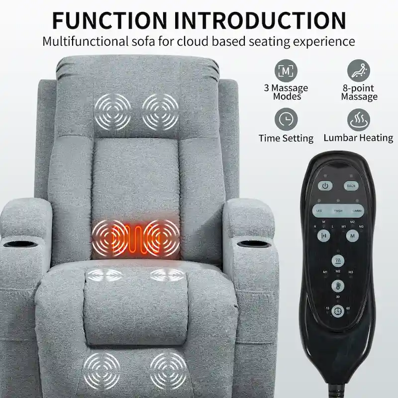 Power Lift Recliner with Massage, Lumbar Heating, USB Charging & Cup Holders, Modern Ergonomic Design
