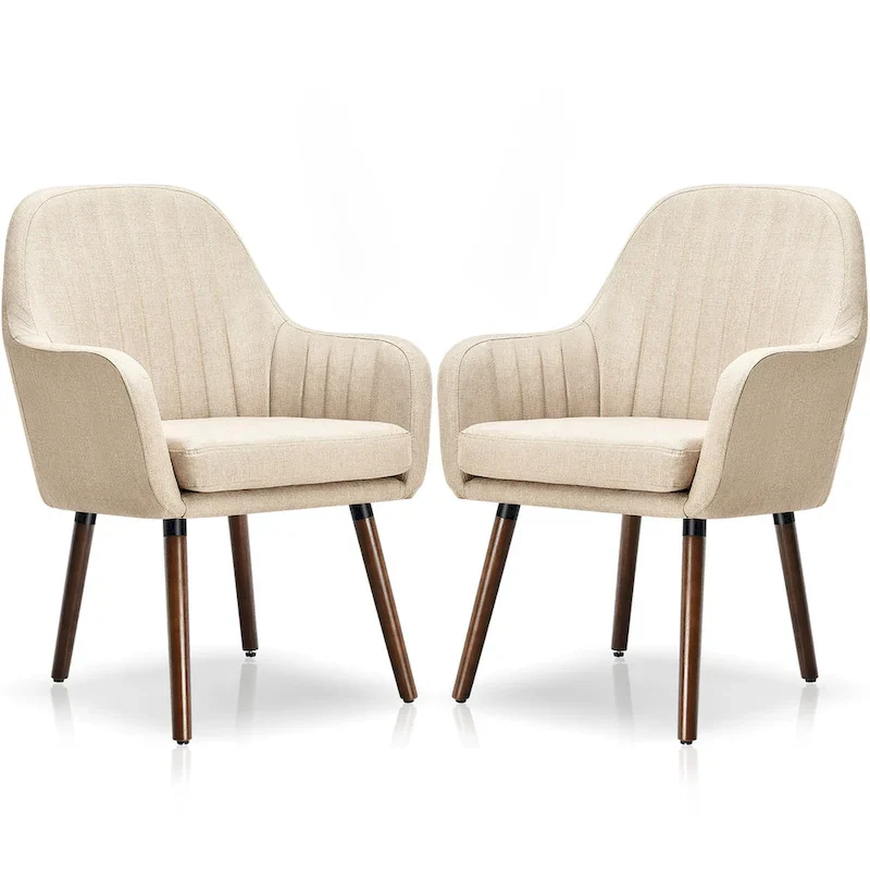 Set of 2 Fabric Dining Chairs Upholstered Arm Chair with Wood Legs
