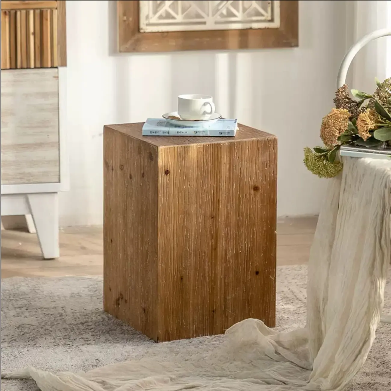 Natural Finish Square Rustic Wood End Table