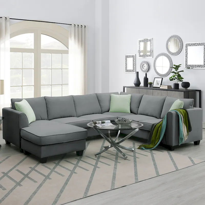 112*87  Sectional Sofa Couches Living Room Sets 7 Seats Modular Sectional Sofa with 3 Pillows, Grey