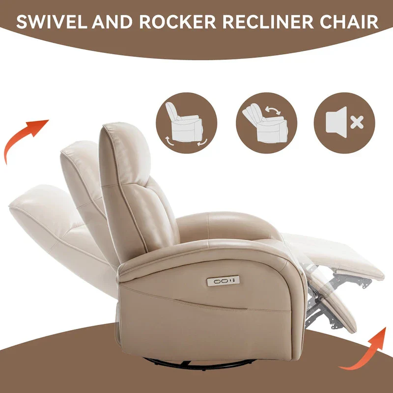 Blue Genuine Leather Power Recliner with Swivel & USB Charging
