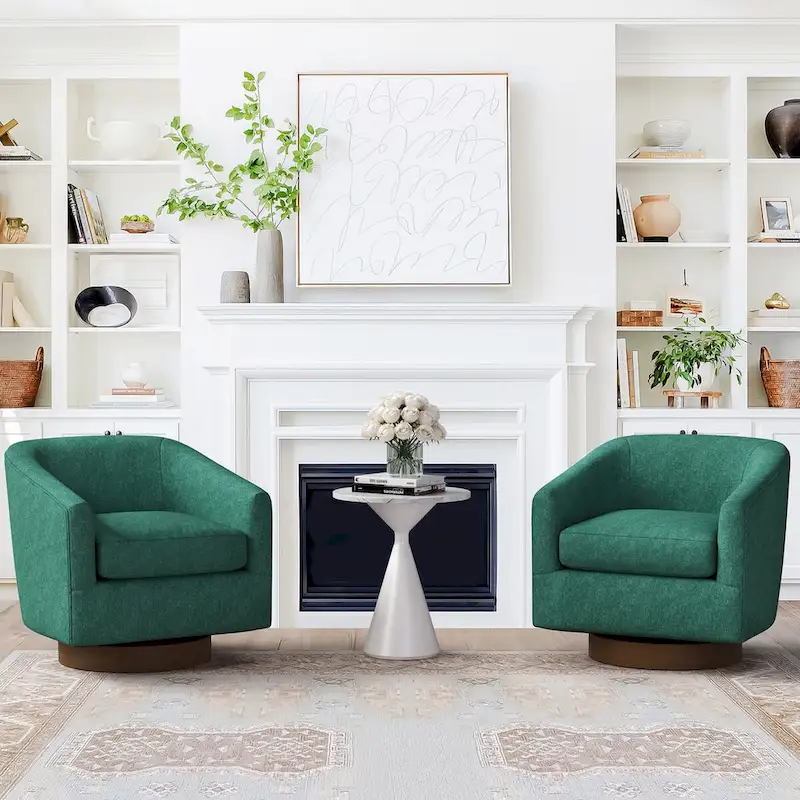 Modern Upholstered Accent Chair Fabric 360 Swivel Barrel Set of 2 Armchair Wood Frame