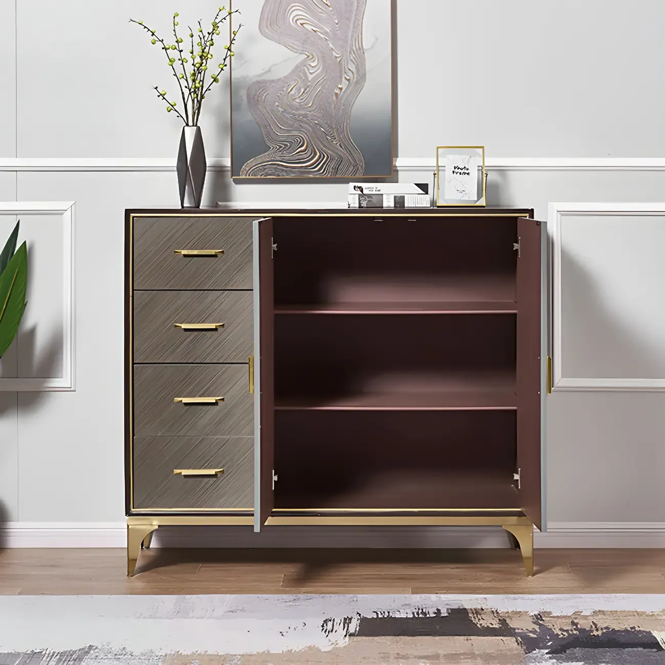 Glam Wooden Sideboard with Drawers & Adjustable Shelves