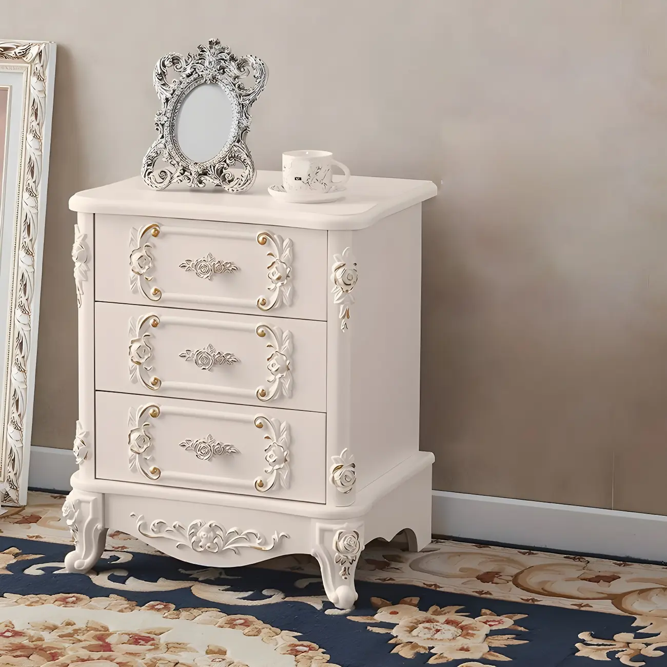 Traditional White Wood Carved 3-Drawer Nightstand