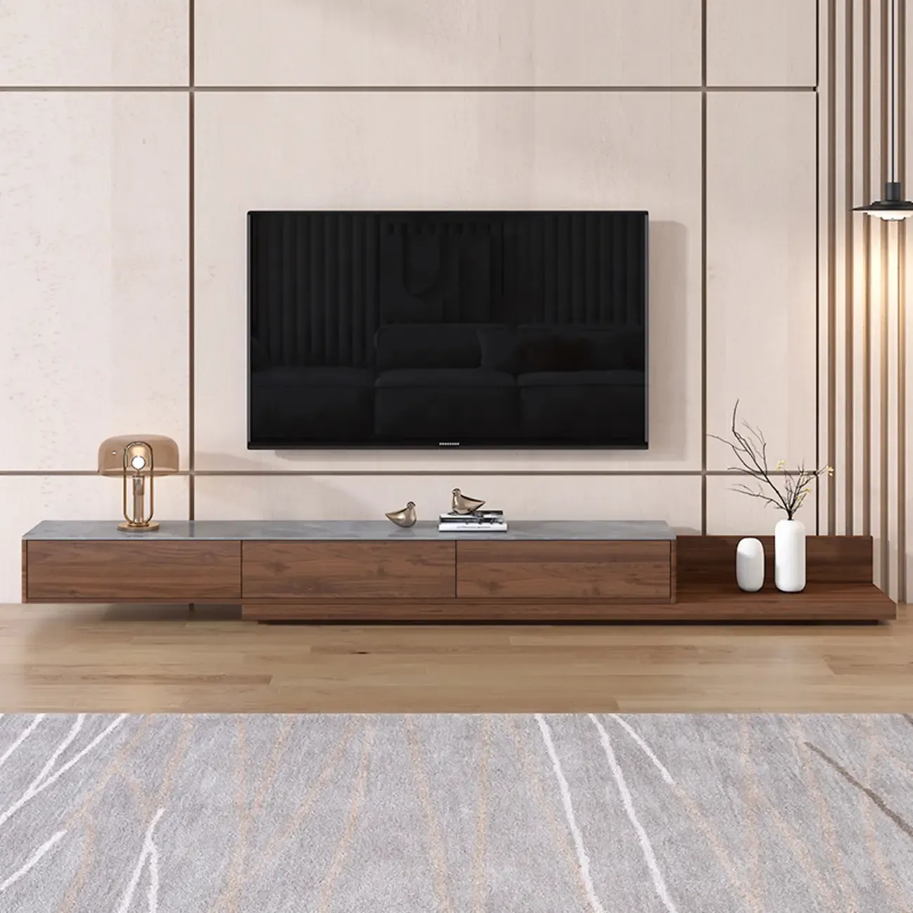 71 Walnut-Black Modern Stone TV Console with Drawers