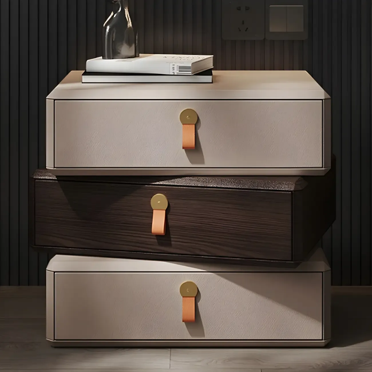 Stacked Beige Wood 3 Drawers Narrow Nightstand