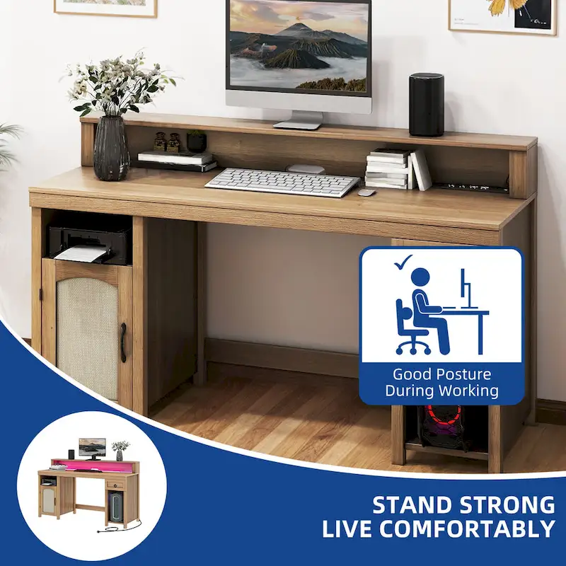 Farmhouse Wood Office Desk with Drawer and LED Strip & Power Outlets