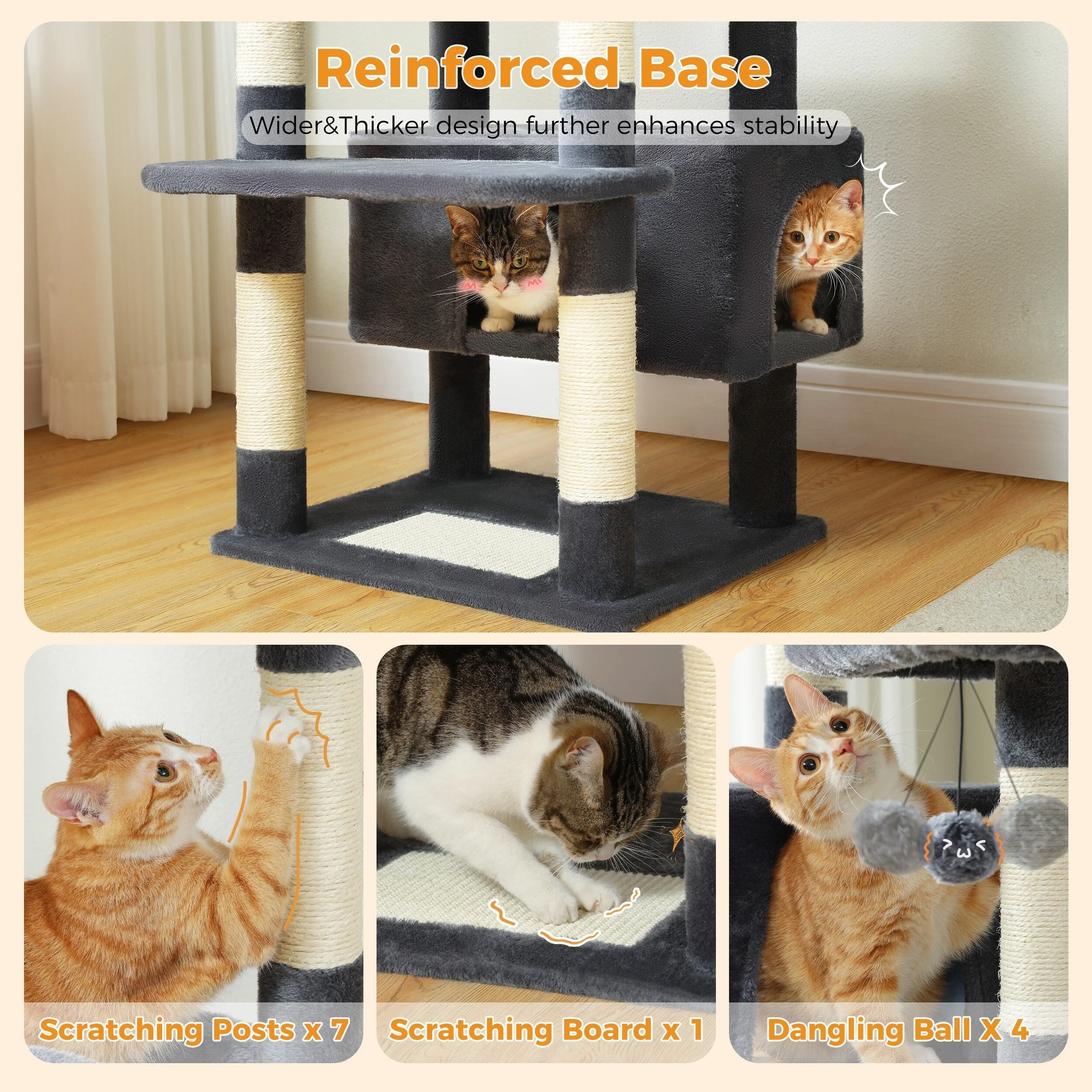 Large Cat Tower Cat Condo with Scratching Posts and Pads, 2 Padded Perch, Dual Condo and Basket