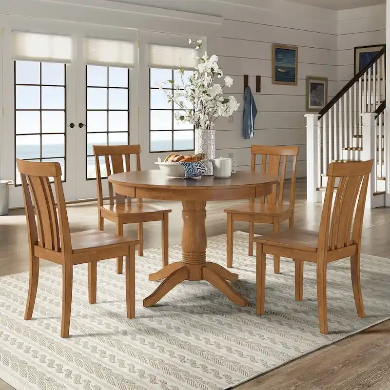 Wilmington II Round Pedestal Base Oak Finish 5-Piece Dining Set by iNSPIRE Q Classic