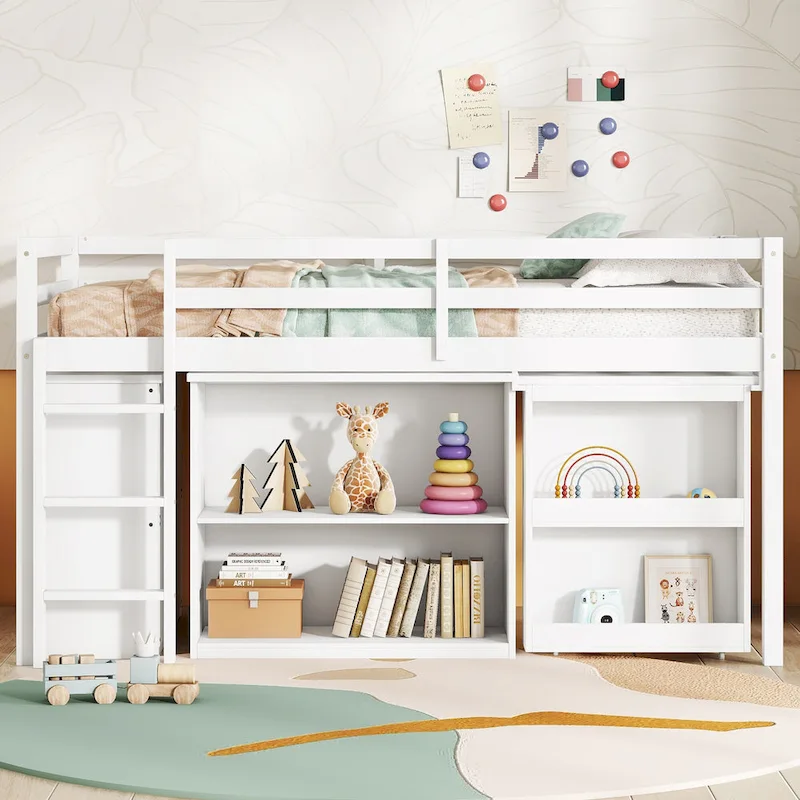 Twin Loft Bed with Pull-Out Desk, 3-Drawer Cabinet & Shelves