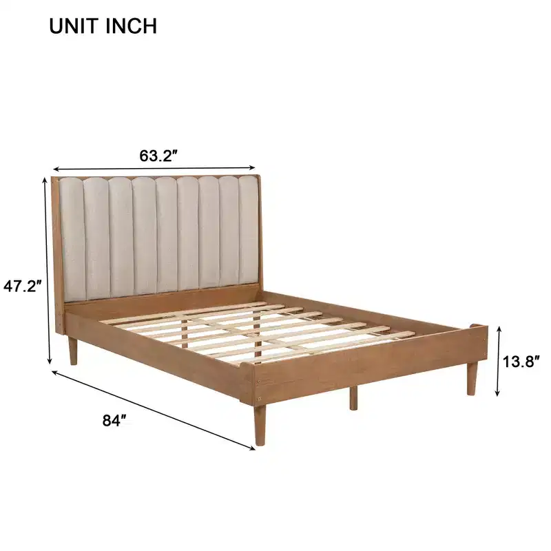 Whisen Wood Bed with Upholstered Headboard and Strengthened Frame
