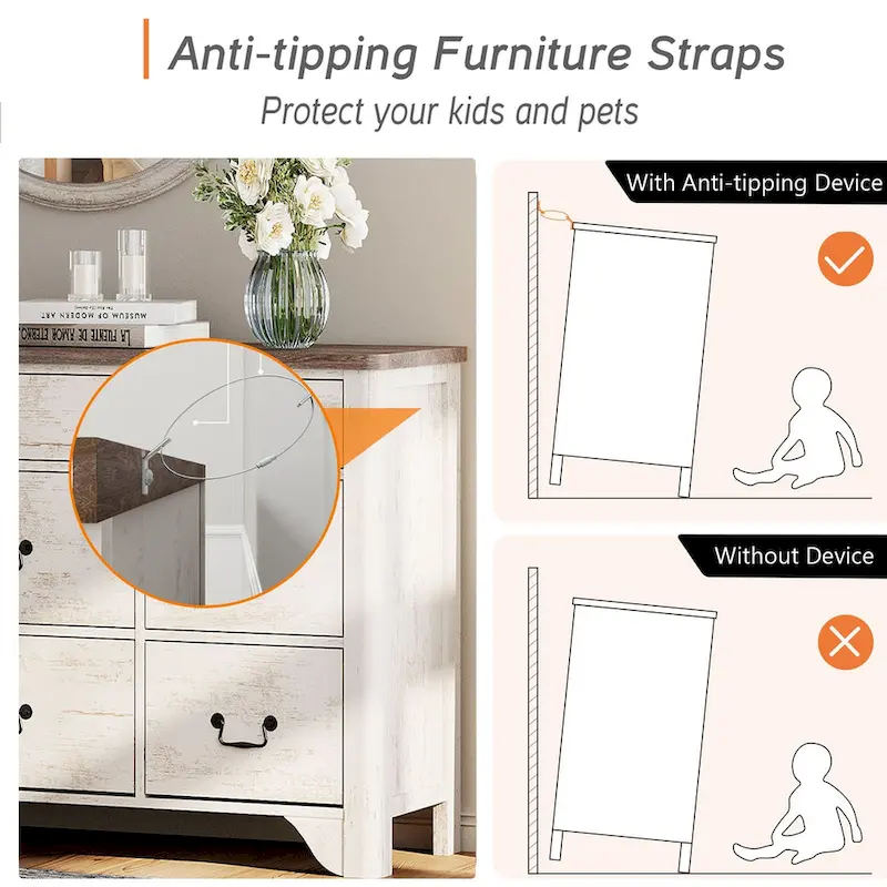 WAMPAT 53.5 Wide Farmhouse White Dresser TV Stand with Curved Edge Design and Wide Chests of Drawers