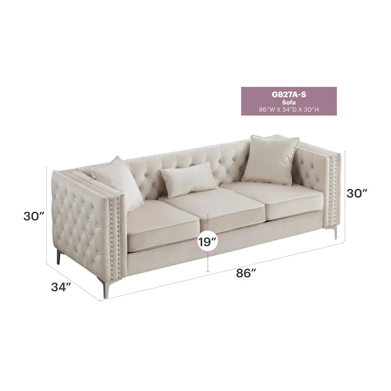 Tufted Velvet Sofa - Blue, 3-Seater, Track Arms, 2 Throw Pillows, 86W x 30H, Contemporary