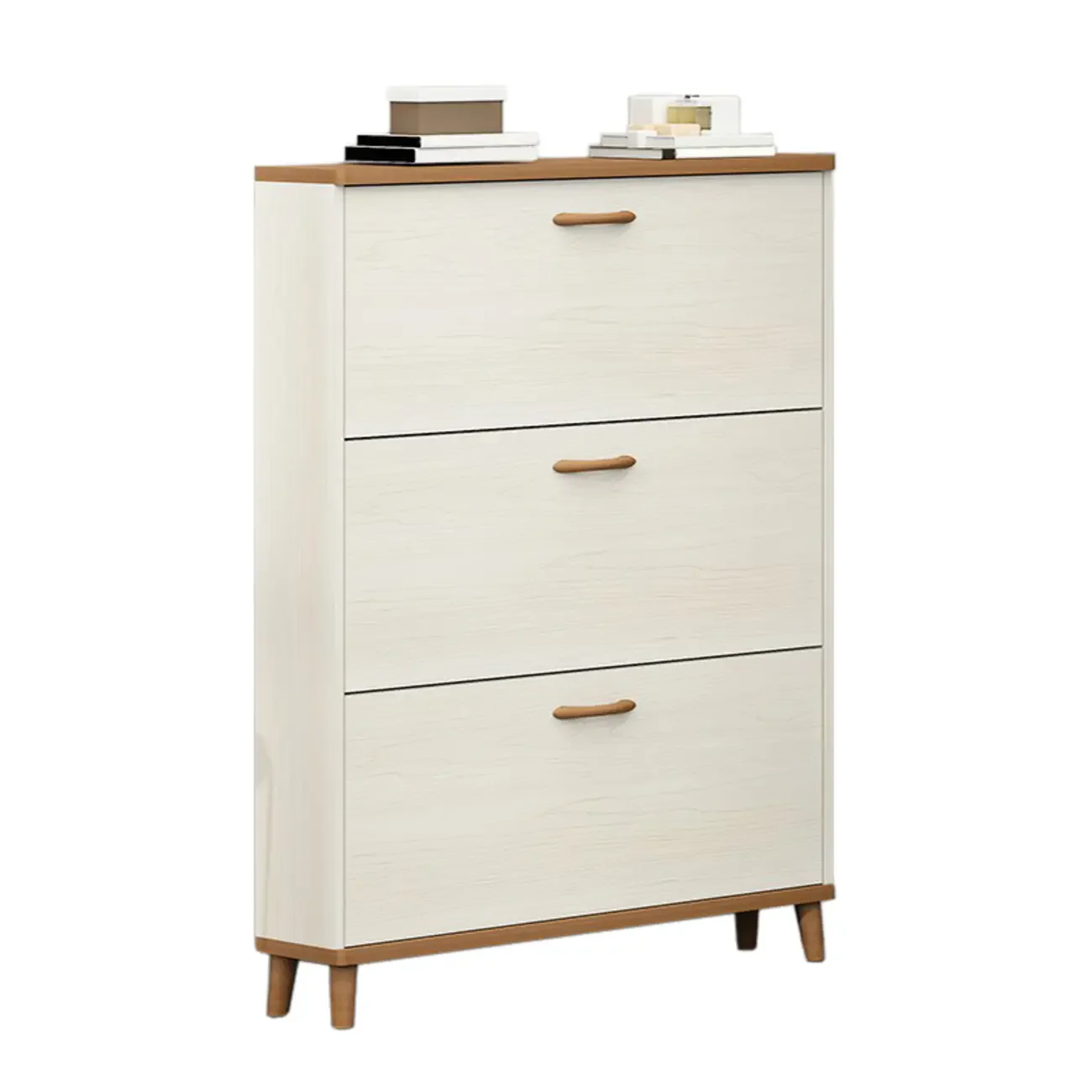 Narrow Beige Solid Wood Drop Front Shoe Cabinet