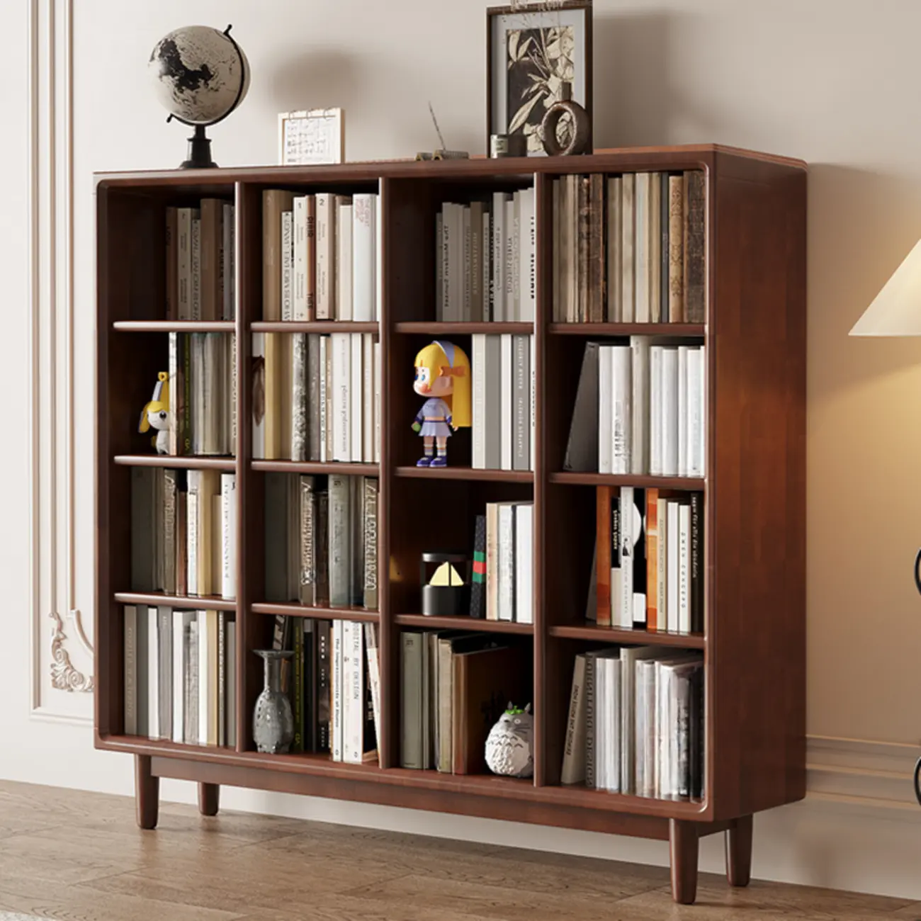 Mid Century Modern Oak Wood Closed Back Standing Bookcase