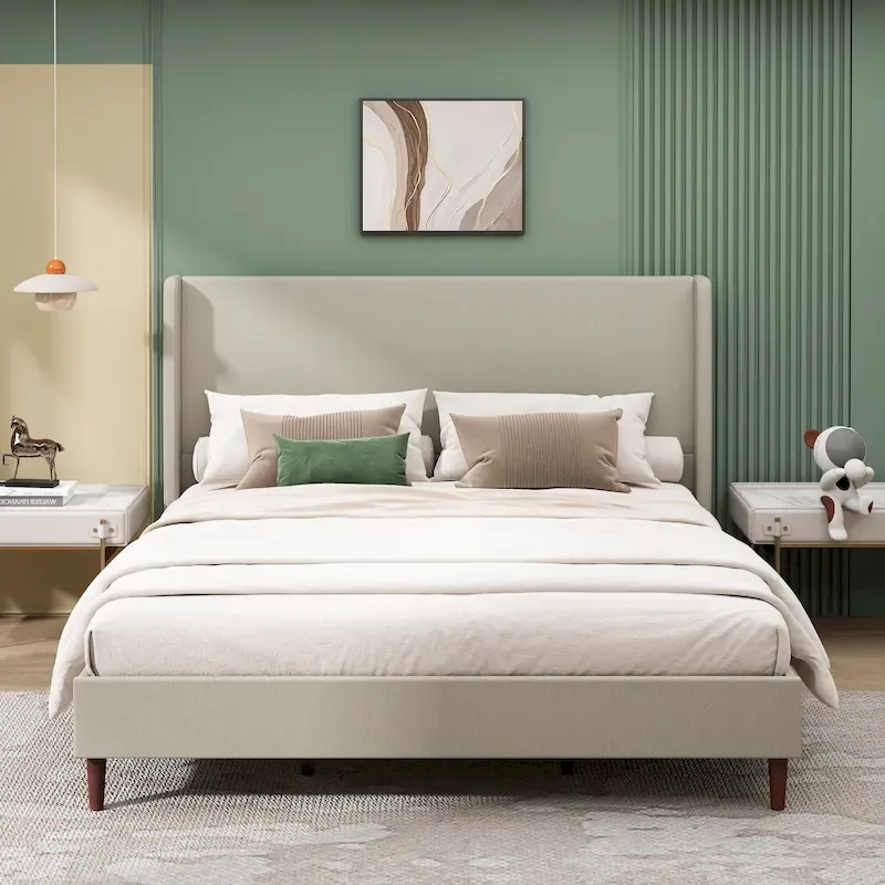 King Platform Bed with Solid Wood Legs & 12-Slat Support