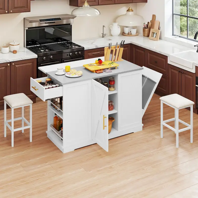 Rolling Kitchen Island with Trash Can Storage Cabinet and 2 Bar Stools