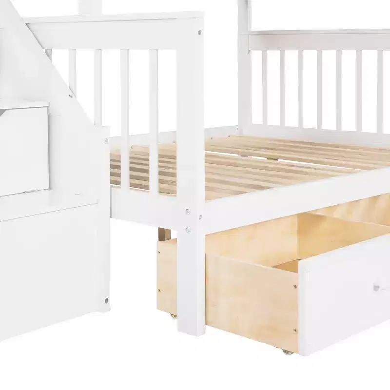 Stylish Design Twin over Full L-Shaped Bunk Bed With 3 Drawers, Ladder and Staircase