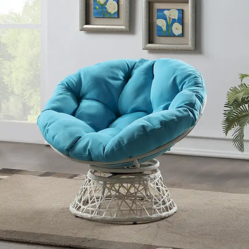 Papasan Chair with Round Pillow Cushion and Cream Wicker Weave