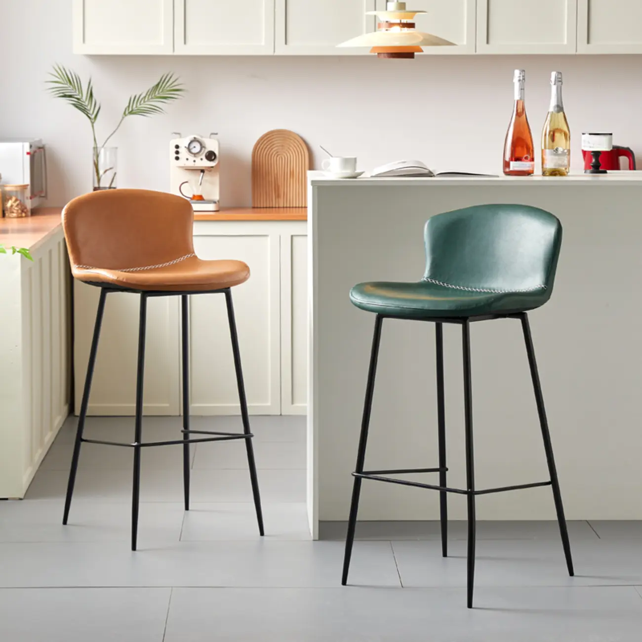 Modern Metal Frame Leather Cushion Low Back Bar Stool