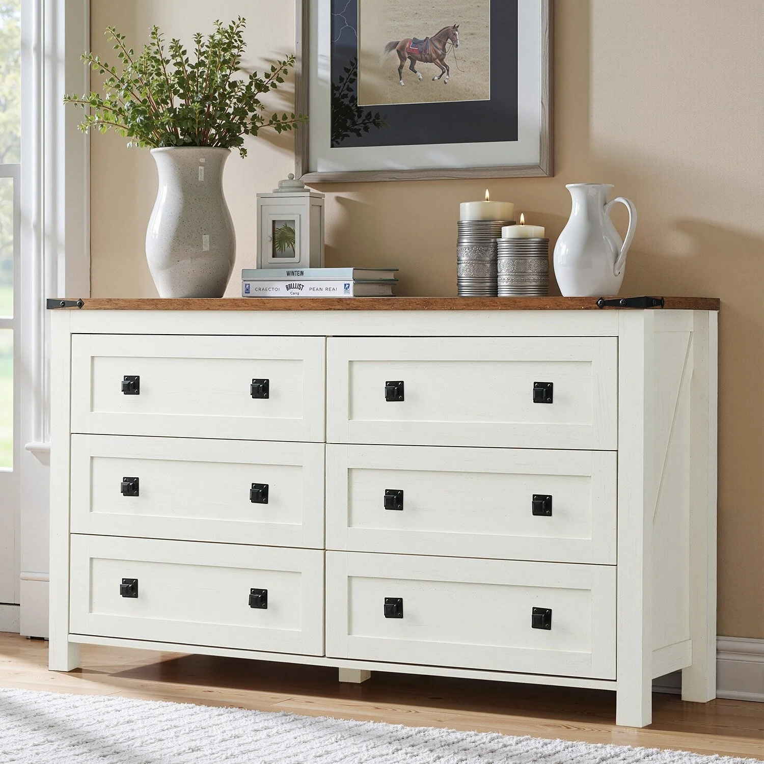 Farmhouse 6 Drawer Dresser, Wood TV Stand, Chest of Drawers