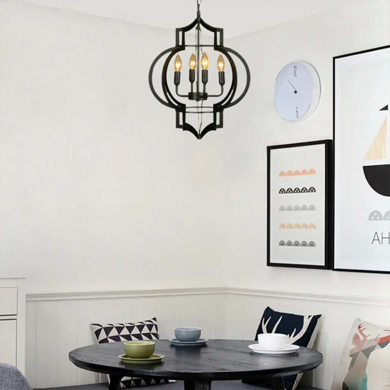 Industrial Black Metal Lantern Candle Chandelier