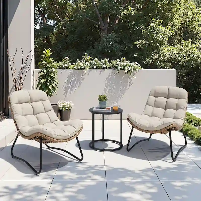 Outdoor Papasan Chairs with Cushion PE Rattan Patio Cozy Chairs with Side Table