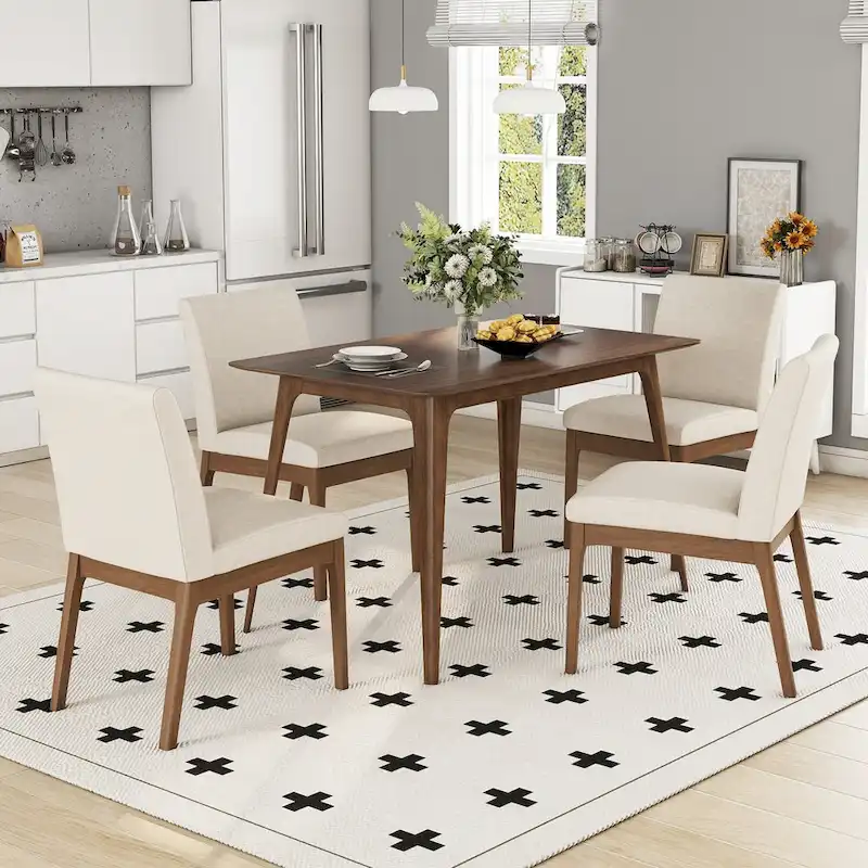 5 Piece Dining Table and Chair Set, Wooden Kitchen Furniture Set with Rectangular Table and 4 Upholstered Chairs