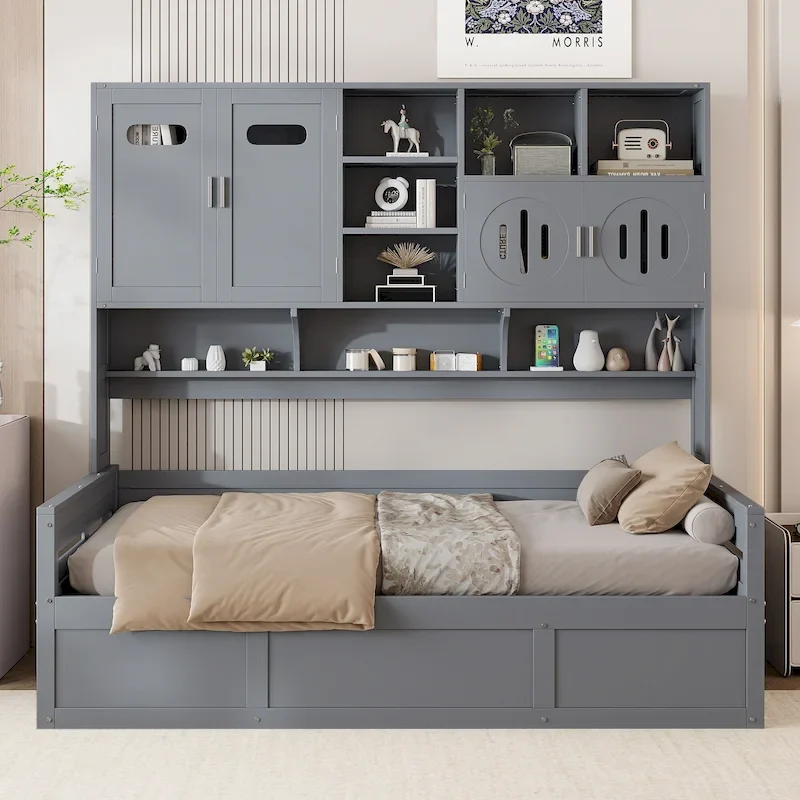 Twin Daybed with Hydraulic Lift, 3 Storage Spaces & Built-in Shelves and Cabinets