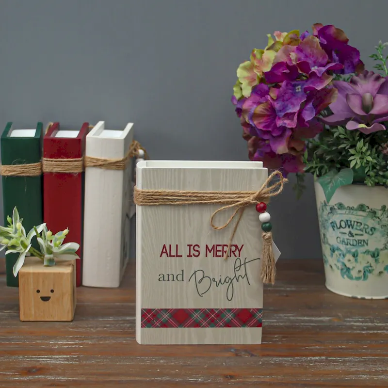 Christmas Wood Faux Books Decorative Sign with Twine and Wood Beads, Decorative Books
