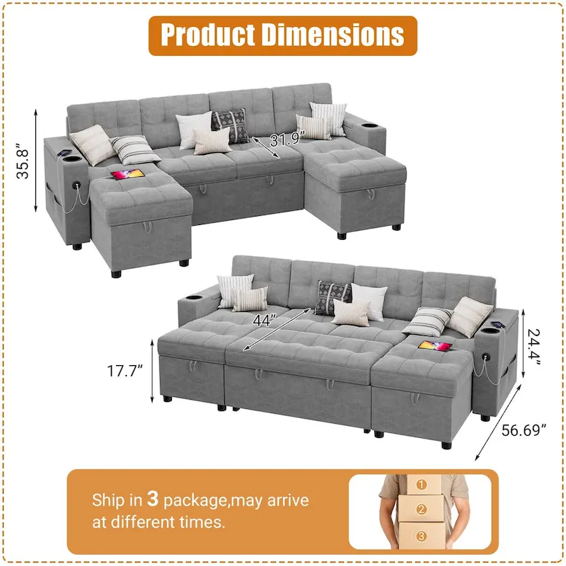 U-Shaped Sectional Sofa with Double Chaise,2 in 1 Pull Out Couch Bed,U-Shaped Sofa Couch Bed,Sleeper Sofa with Pull Out Bed