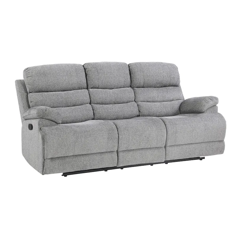 Leena 84 Inch Manual Double Recliner Sofa, Gray Chenille, Solid Wood