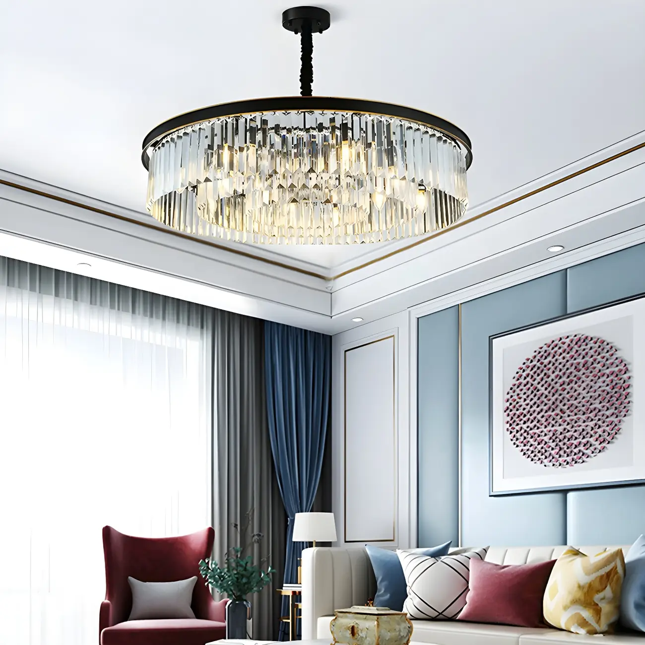 Modern Cylinder Crystal Chandelier Height Adjustable