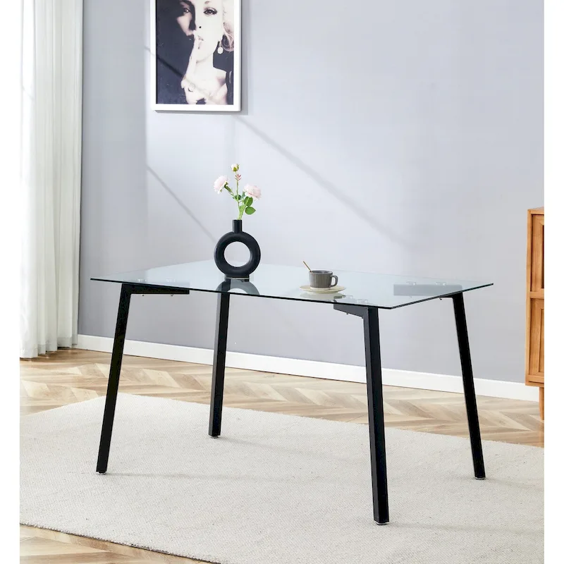Glass Dining Table Modern Minimalist Rectangle Table for 4 Tempered Glass Tabletop with Metal Legs for Kitchens,Restaurants