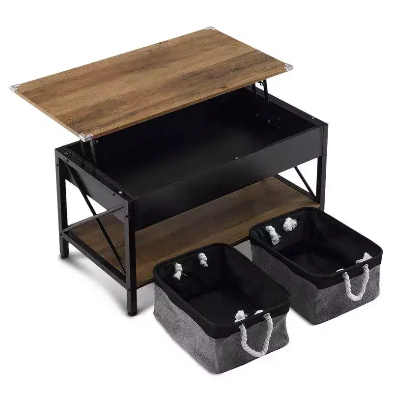 Adjustable Side X-shaped Metal Frame Rectangular P2 Board Brown Panel Black Wood Grain Side Panel Coffee Table