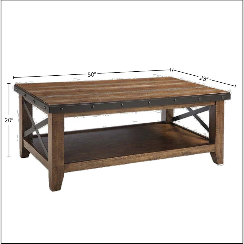 Rustic Coffee Table - Canyon Brown, Studded Metal Band, Metal Stretchers, 50W x 19H, 300 lbs