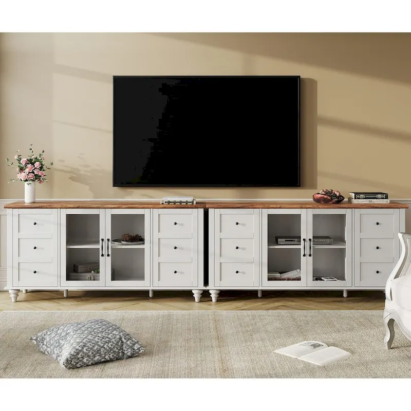 Farmhouse TV Stand with Storage Cabinet, Glass and Wood Entertainment Center Console Table