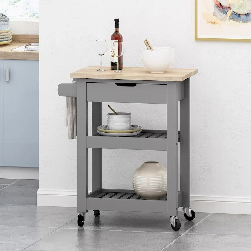 Compact Wooden Kitchen Cart with Wheels Shelves and Drawer