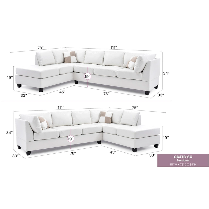 Malone 111 in. Faux Leather 4-Seater Sectional Sofa with 2-Throw Pillow - 111 L x 78 W x 34 H