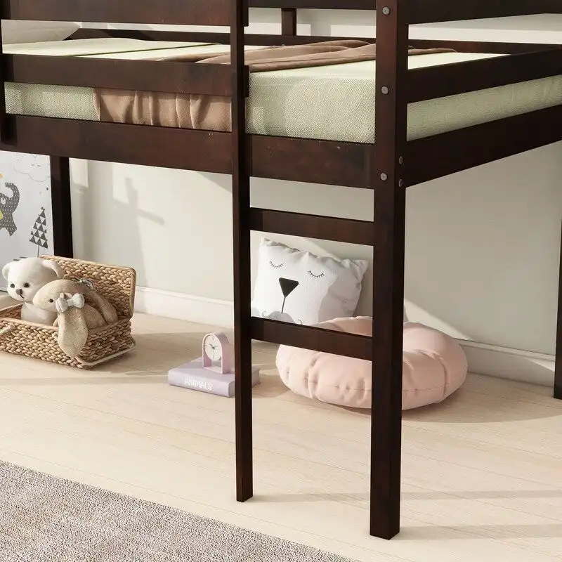 Solid Rubber Wooden Twin Loft Bed with Ladder and Strengthened Slats