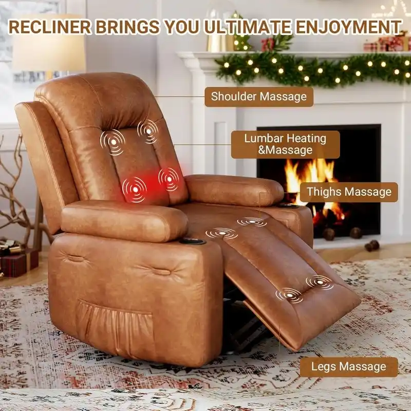 Power lift recliner chair with massage, cup holders, and side pocket.