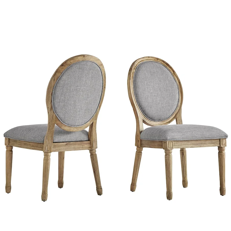 Round Linen and Wood Dining Chairs Set of 2, Artisan Style Upholstered Side Chairs