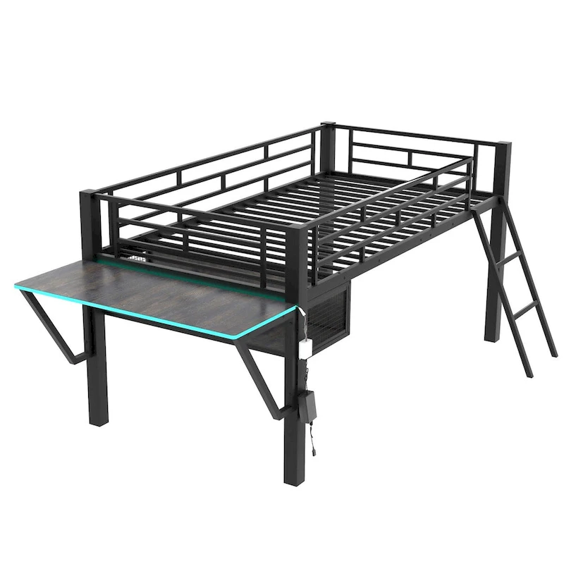 Gaming Mid Loft Bed with Desk and LED