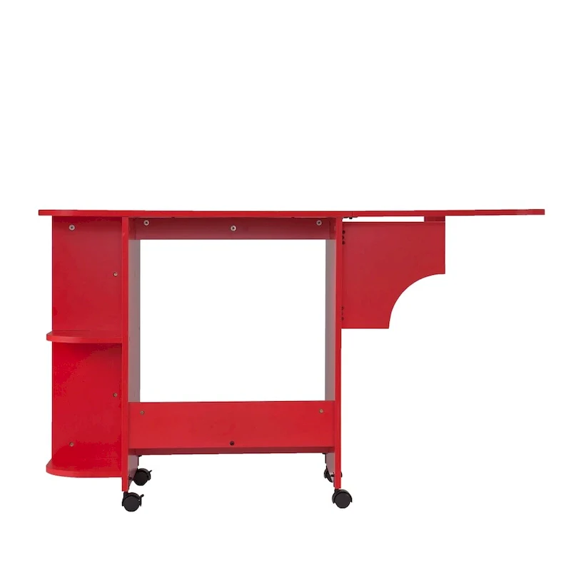 Farmhouse Red Foldable Rolling Sewing Table with Side Shelves